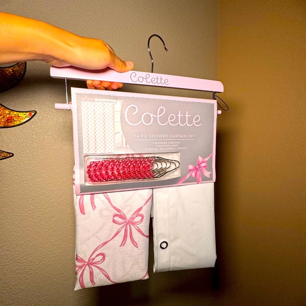 Colette Pink and White Bow Ribbon Pink Shower Curtain Set